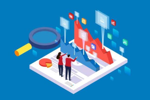 Isometric concept of business team analyzing data charts and graphs